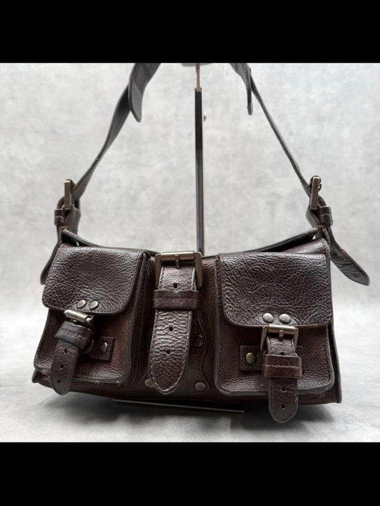 Mulberry Handbags - Mulberry Dark Brown Pebbled Leather Shoulder Bag with Buckle Pockets